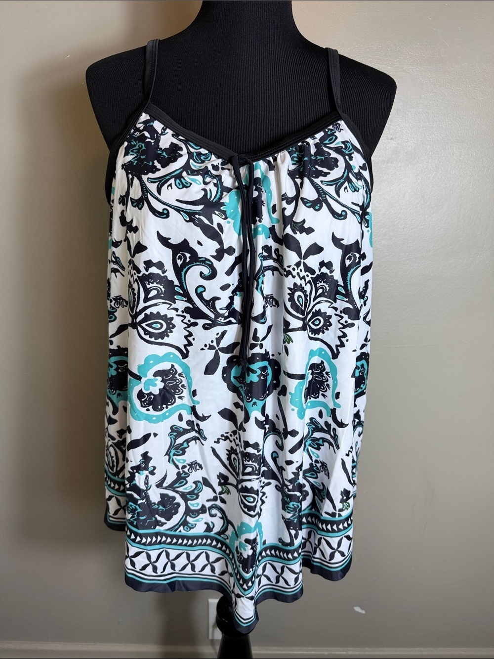 Rotita White Black and Teal Print Adjustable Strap Swim Top Flowy Sz L NWOT
